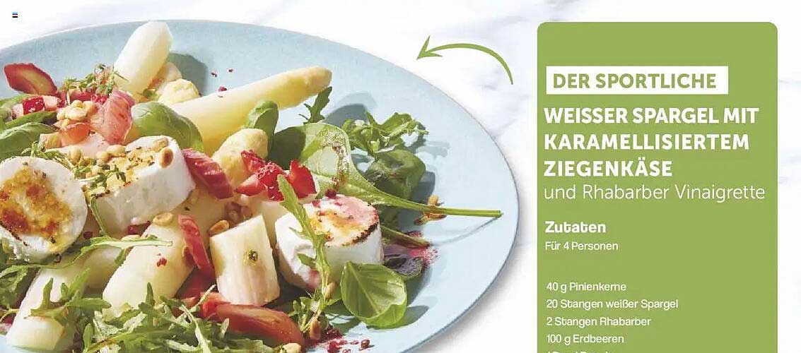 Der sportliche weiße Spargel mit karamellisiertem Ziegenkäse und Rhabarber Vinaigrette
