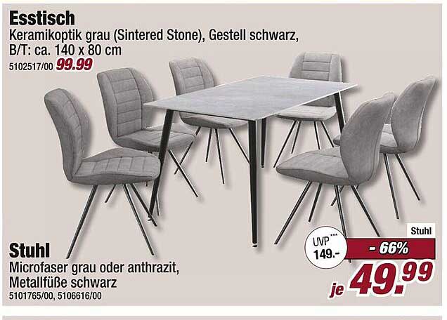 Esstisch Keramikoptik grau, Gestell schwarz, B/T: ca. 140 x 80 cm und Stuhl Microfaser grau oder anthrazit, Metallfüße schwarz