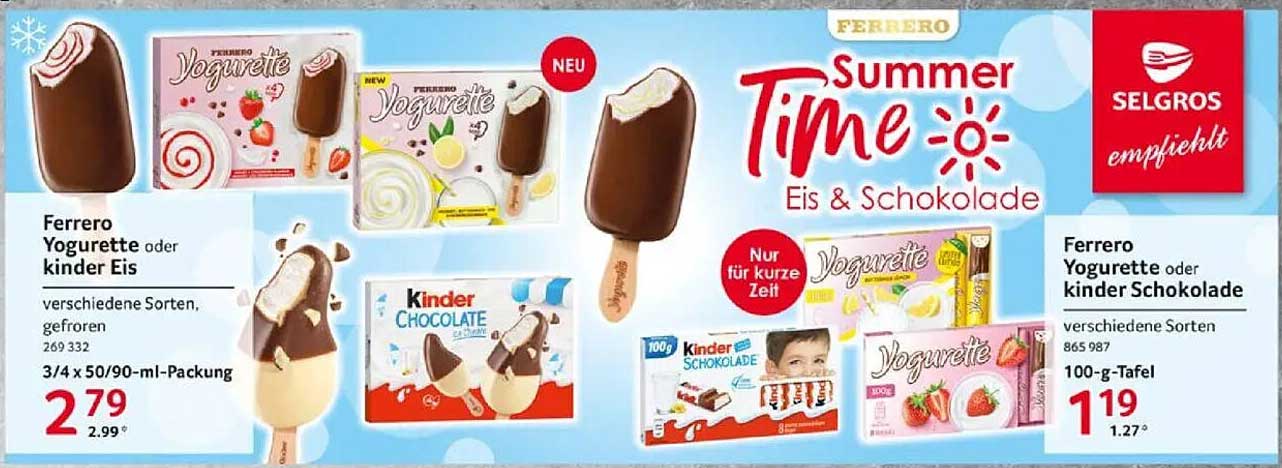 Ferrero Yogurette oder Kinder Eis – verschiedene Sorten, gefroren