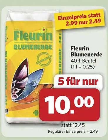 Fleurin Blumenerde 40-l-Beutel - 5 für nur 10,00 €