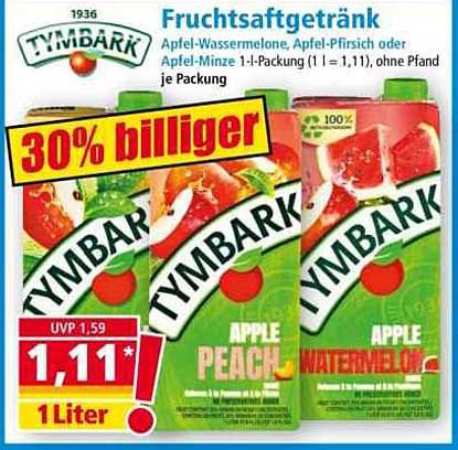 Fruchtsaftgetränk Tymbark – Apfel-Wassermelone, Apfel-Pfirsich oder Apfel-Minze 1-Liter-Packung