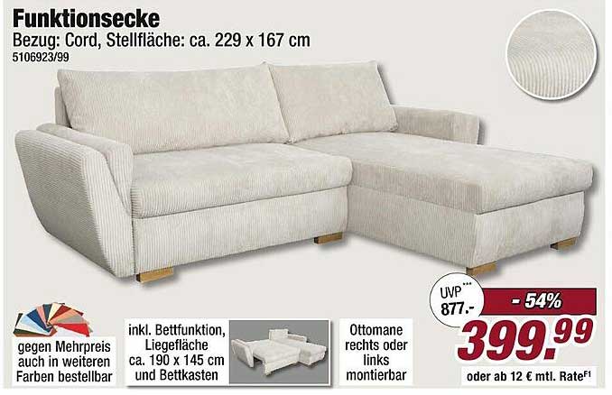 Funktionssecke - Cord Bezug, Stellfläche: ca. 229 x 167 cm