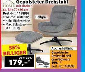 Gepolsterter Drehstuhl mit Hocker – Hellgrau
