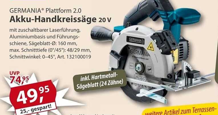 GERMANIA® Plattform 2.0 Akku-Handkreissäge 20 V