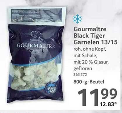 Gourmàitre Black Tiger Garnelen 13/15, roh, ohne Kopf, mit Schale, gefroren, 800-g-Beutel