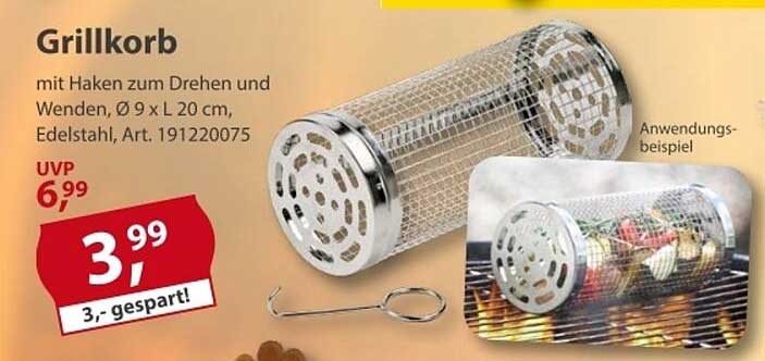 Grillkorb mit Haken zum Drehen und Wenden, Ø 9 x L 20 cm, Edelstahl