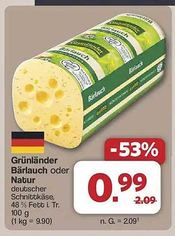 Grünländer Bärlauch oder Natur deutscher Schnittkäse, 48 % Fett i. Tr.