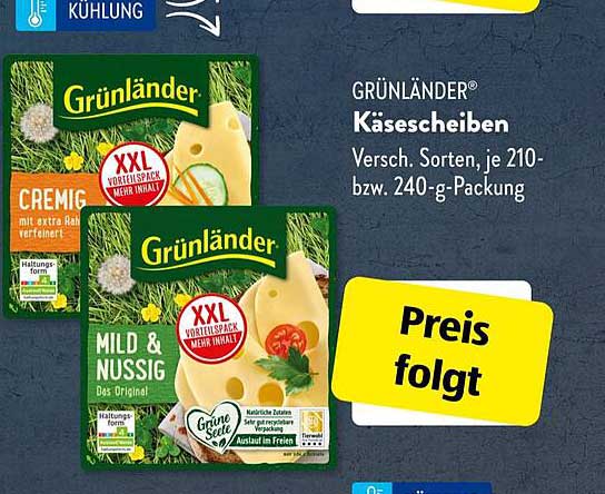 GRÜNLÄNDER® Käse- scheiben - Versch. Sorten, je 210-bzw. 240-g-Packung