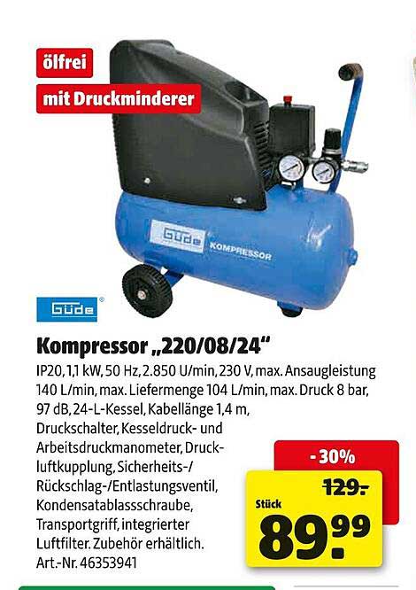 Güde Kompressor „220/08/24“ - Ölfreier Kompressor mit Druckminderer