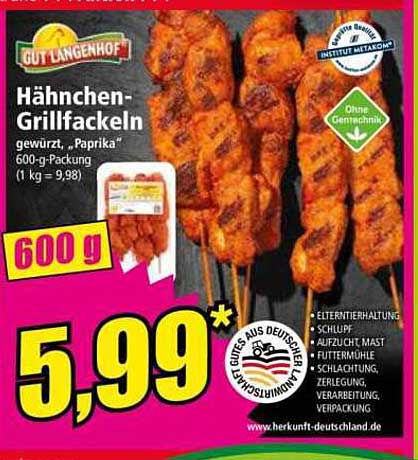 Gut Langenhof Hähnchen-Grillfackeln gewürzt, Paprika 600-g-Packung