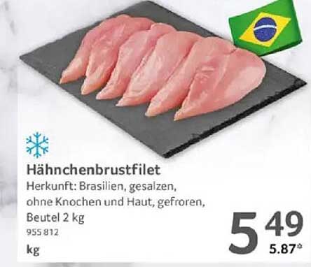 Hähnchenbrustfilet 2 kg - Brasilien, gesalzen, ohne Knochen und Haut, gefroren