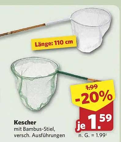 Kescher mit Bambus-Stiel, verschiedene Ausführungen
