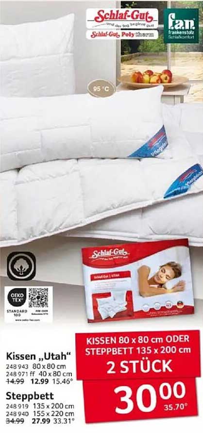 Kissen 'Utah' oder Steppbett 135 x 200 cm – 2 Stück für nur 30,00 €