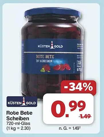 Küsten Gold Rote Beete Scheiben 720-ml-Glas