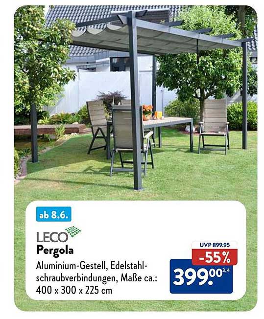LECO Pergola Aluminium-Gestell, Edelstahlschraubverbindungen, Maße ca.: 400 x 300 x 225 cm