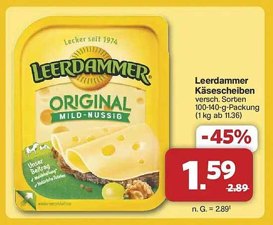 Leerdammer Käse scheiben 100-140 g-Packung (1 kg ab 11,36 €)
