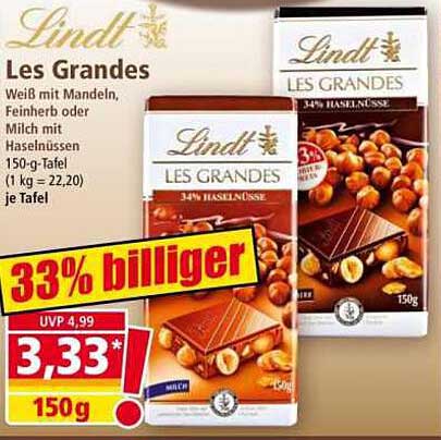 Lindt Les Grandes - 34% Haselnüsse, 150 g Tafel
