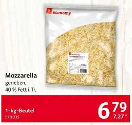 Mozzarella gerieben, 40 % Fett i. Tr., 1-kg-Beutel