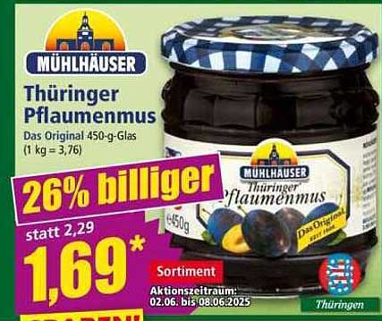 Mühlhäuser Thüringer Pflaumenmus 450 g - Jetzt 26% billiger!