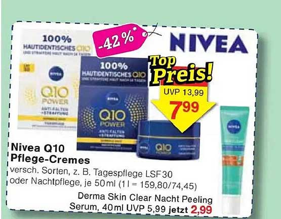 Nivea Q10 Pflege-Cremes und Derma Skin Clear Nacht Peeling Serum