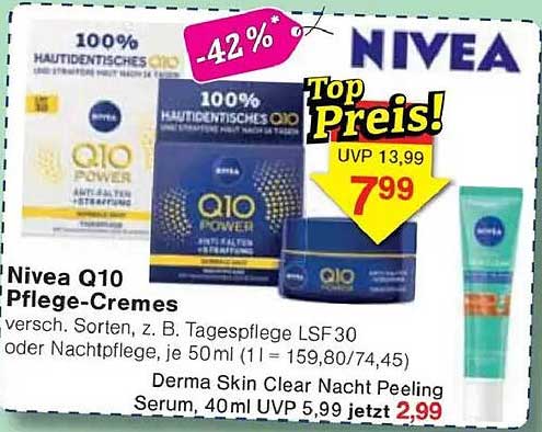Nivea Q10 Pflege-Cremes und Derma Skin Clear Nacht Peeling Serum