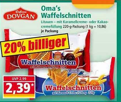 Oma's Waffelschnitten mit Karamellcreme- oder Kakao-Cremefüllung 220-g-Packung