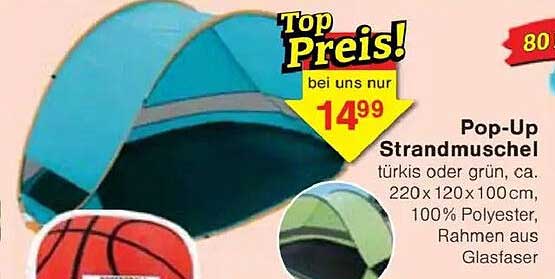 Pop-Up Strandmuschel türkis oder grün, ca. 220 x 120 x 100 cm, 100% Polyester, Rahmen aus Glasfaser