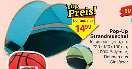 Pop-Up Strandmuschel türkis oder grün, ca. 220 x 120 x 100 cm, 100% Polyester, Rahmen aus Glasfaser