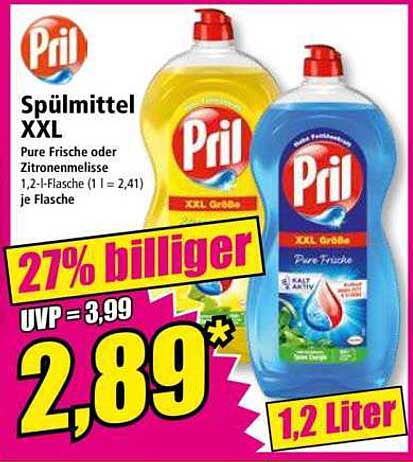 Pril Spülmittel XXL - 1,2 Liter Flasche (Pure Frische oder Zitronenmelisse)