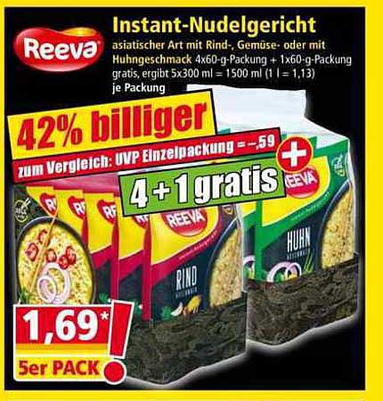 Reeva Instant-Nudelgericht 5er Pack - Asiatische Art mit Rind, Gemüse oder Huhn