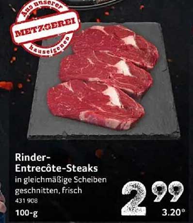 Rinder-Entrecôte-Steaks in gleichmäßigen Scheiben, frisch