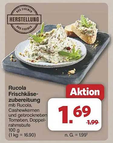 Rucola Frischkäsezubereitung mit Cashewkernen und getrockneten Tomaten