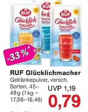 RUF Glücklichmacher Getränkepulver, versch. Sorten, 45–48 g