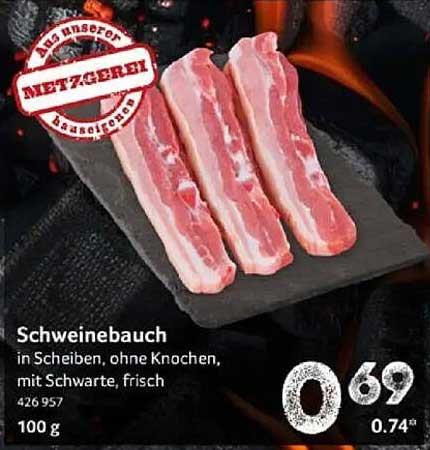 Schweinebauch in Scheiben, ohne Knochen, mit Schwarte, frisch
