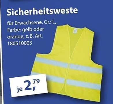 Sicherheitsweste für Erwachsene, Gr. L, Farbe: gelb oder orange