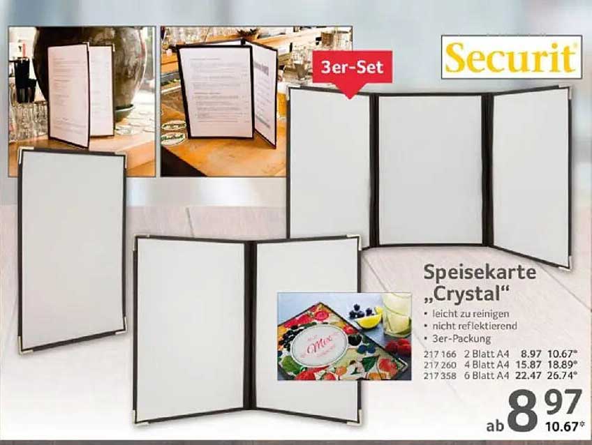 Speisekarte 'Crystal' im 3er-Set - leicht zu reinigen und nicht-reflektierend