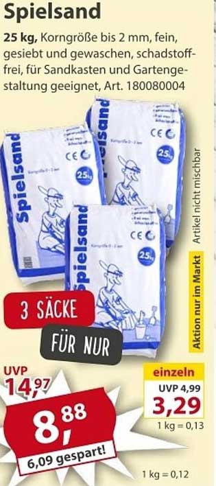 Spielsand 25 kg, Korngröße bis 2 mm, fein, gesiebt und gewaschen