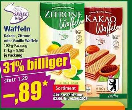 Spree Waffeln - Kakao, Zitrone oder Vanille Waffeln 100-g-Packung