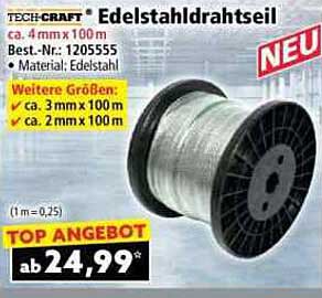 TECH-CRAFT Edelstahl-Drahtseil 4 mm x 100 m - NEU