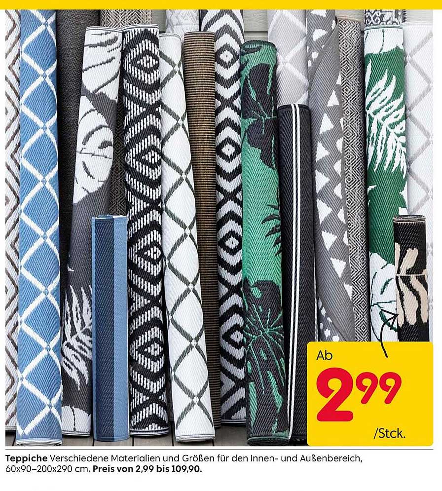 Teppiche verschiedene Materialien und Größen für den Innen- und Außenbereich, 60x90–200x290 cm. Preis von 2,99 bis 109,90.