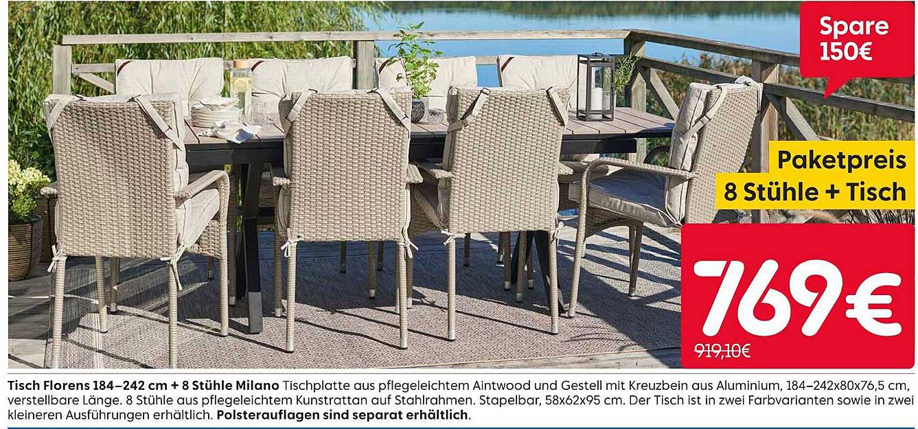 Tisch Florens 184–242 cm + 8 Stühle Milano