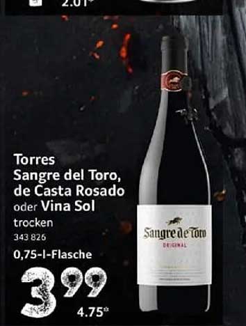 Torres Sangre del Toro, de Casta Rosado oder Vina Sol trocken, 0,75-l-Flasche
