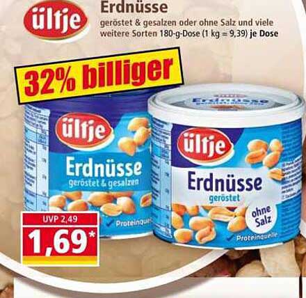 ültje Erdnüsse geröstet & gesalzen oder ohne Salz 180 g Dose