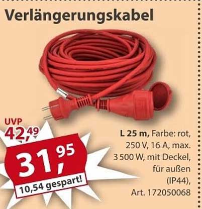 Verlängerungskabel 25 m, rot, 250 V, 16 A, max. 3 500 W, mit Deckel für außen (IP44)