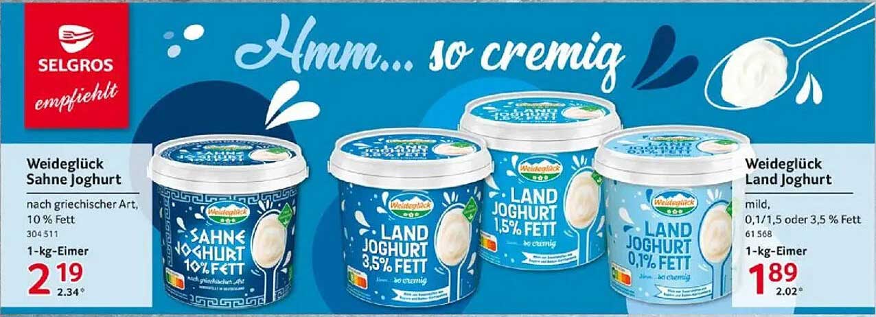 Weideglück Sahne Joghurt 10% Fett und Land Joghurt 0,1%, 1,5% oder 3,5% Fett