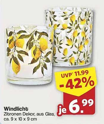 Windlicht Zitronen Dekor, aus Glas, ca. 9 x 10 x 9 cm