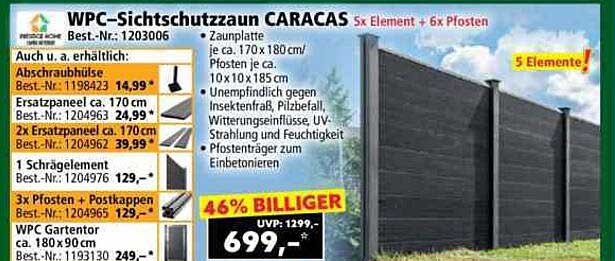 WPC-Sichtschutzzaun CARACAS 5x Elemente + 6x Pfosten