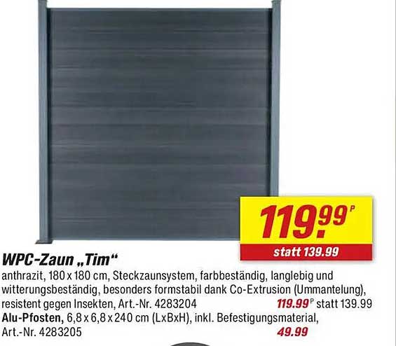 WPC-Zaun „Tim“ anthrazit 180 x 180 cm