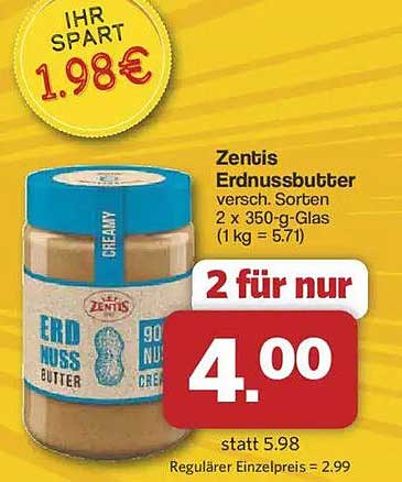 Zentis Erdnbussbutter, verschiedene Sorten, 2 x 350 g Glas