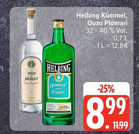 Helbing Kümmel, Ouzo Plomari 32 - 40 % Vol. 0,7 L 1L = 12,84